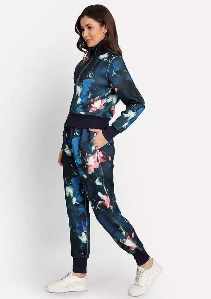 Blue Floral Print Scuba Jogger Set IKI CHIC Private Ltd