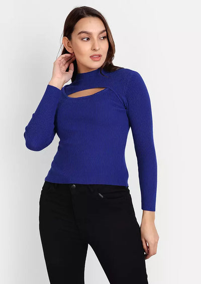 Royal Blue Mock Neck Pullover With Cutout Detailing