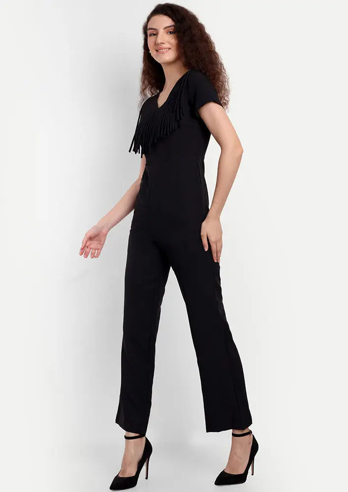 Black High Waisted Jumpsuit With V-Neckline And Fringe Detailing IKI CHIC Private Ltd