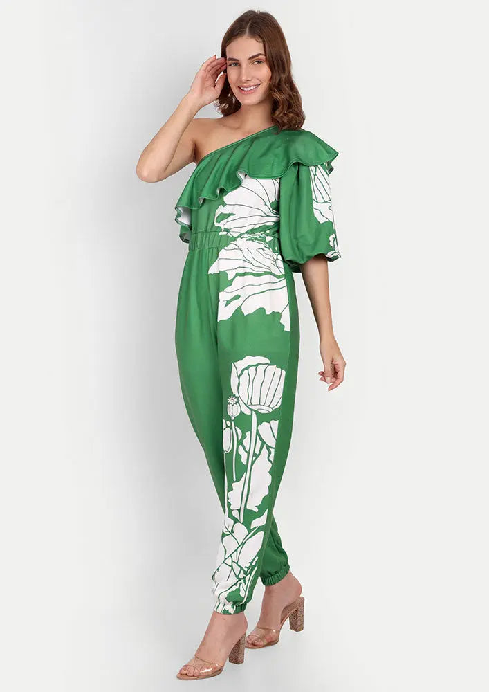 Green Floral Print One Shoulder Ruffle Design Jumpsuit IKI CHIC Private Ltd