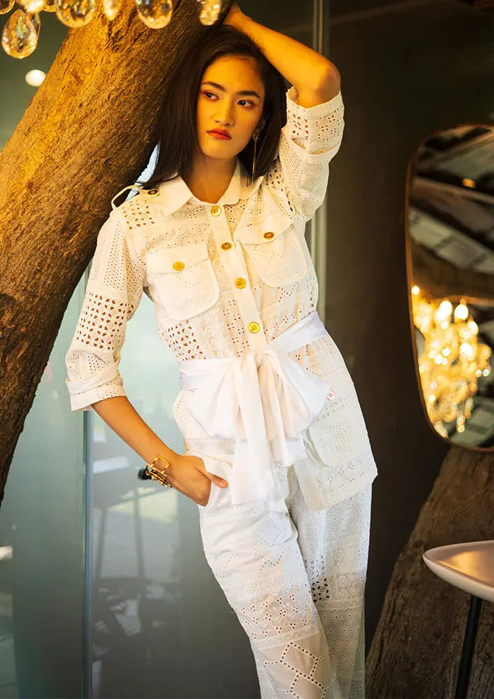 White Schiffli Lace Front Button Up Shirt And High Waisted Lace Pants IKI CHIC Private Ltd