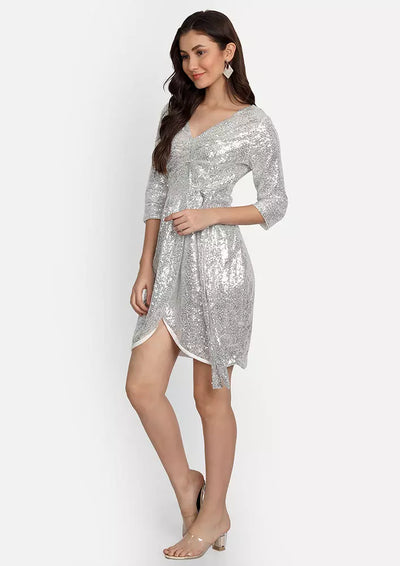 V-Neck Wrapover Front Tie-Up Silver Sequin Dress