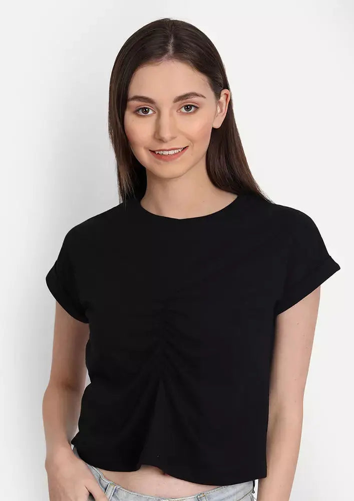 Black Front Gathered Short Sleeve Top IKI CHIC Private Ltd