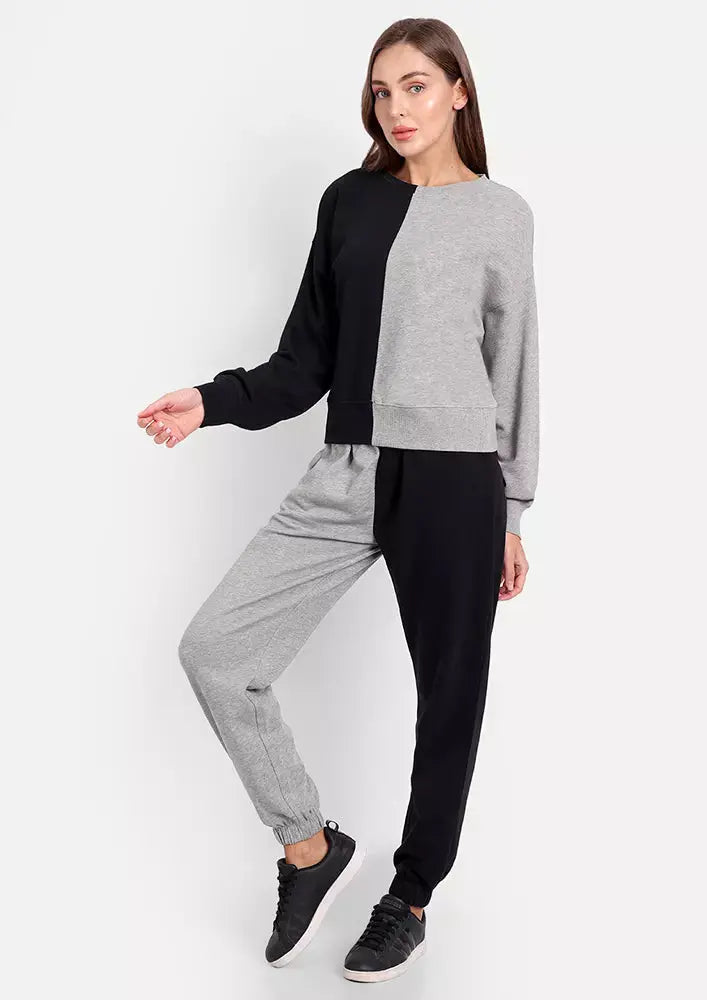 Black- Grey Round Neck Colourblocked Jogger Set IKI CHIC