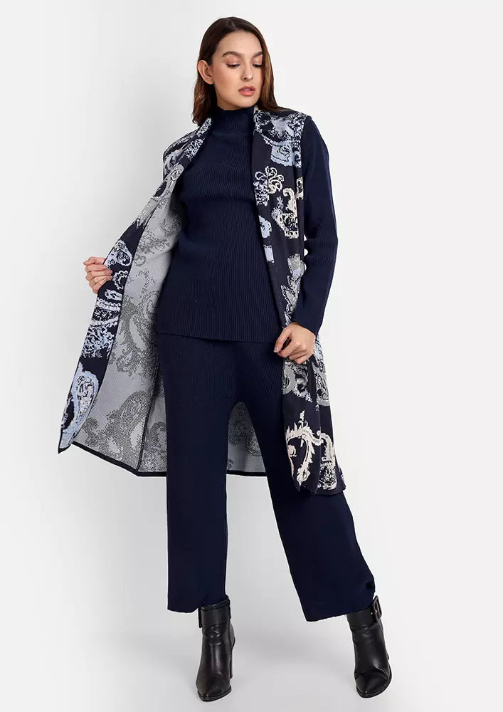 Navy Blue Knitted Sweater With Pants & Jacquard Knitted Cape