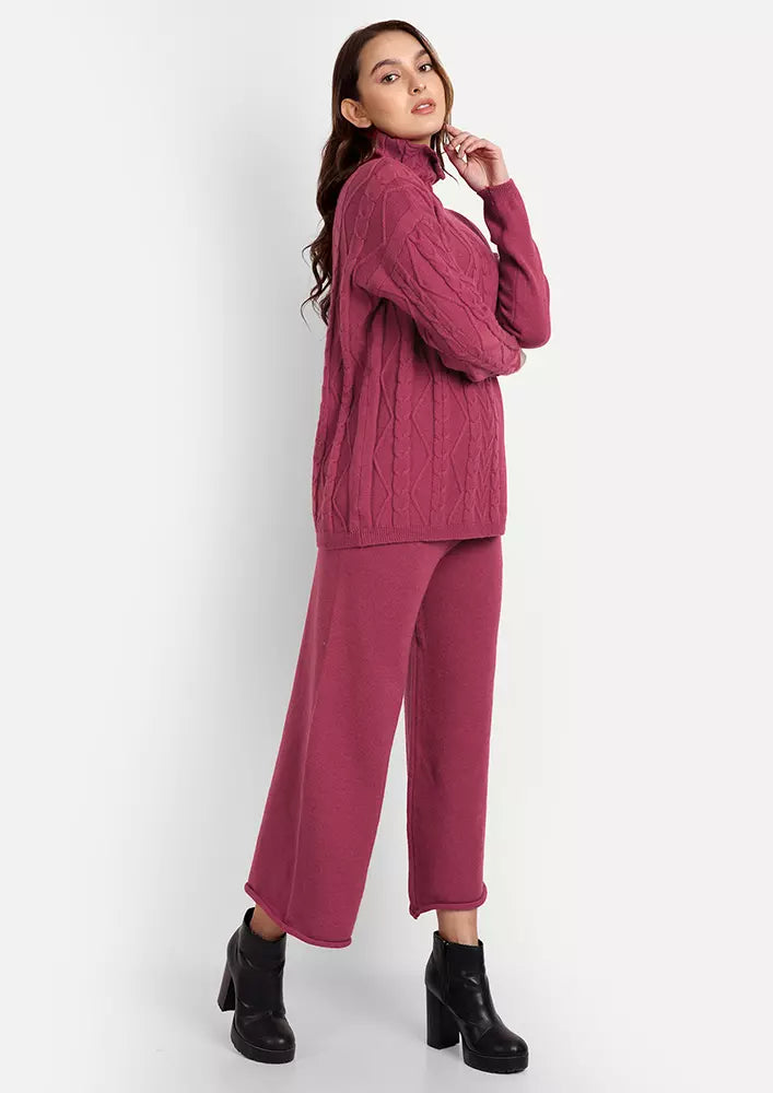Dark Pink Cable Knit Turtle Neck Sweater With Wide Leg Pants