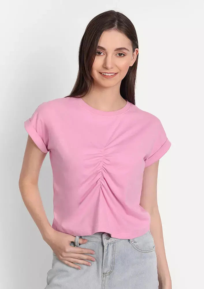 Pink Front Gathered Short Sleeve Top IKI CHIC Private Ltd