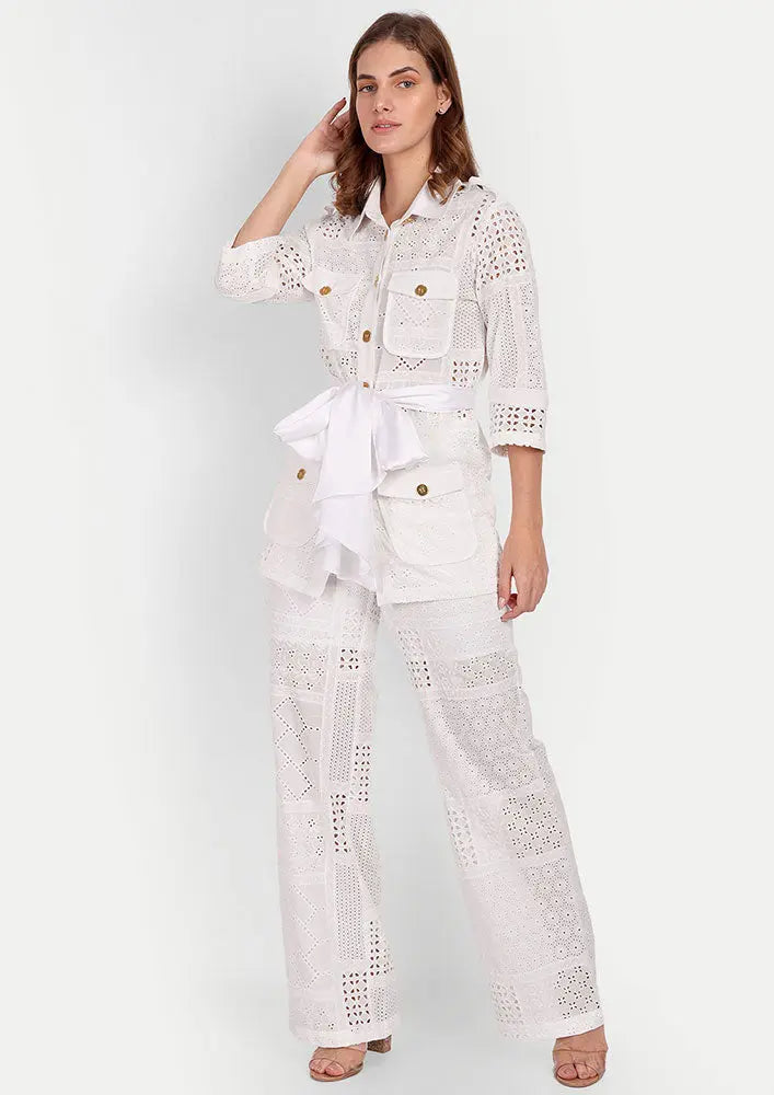 White Schiffli Lace Front Button Up Shirt And High Waisted Lace Pants IKI CHIC Private Ltd