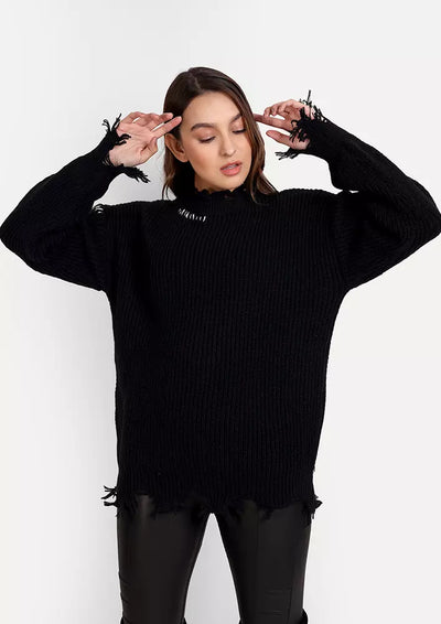 Black Long Oversized Pullover With Fringed Hem