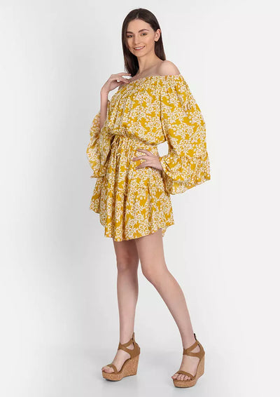 Yellow Floral Print Off Shoulder Mini Dress