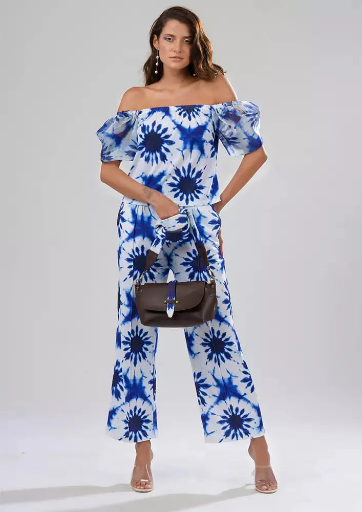 Splash Print Off Shoulder Puff Sleeves Top And Wide Leg Pants Set