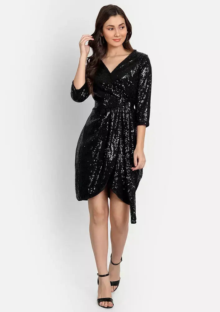 V-Neck Wrapover Front Tie-Up Black Sequin Dress IKI CHIC