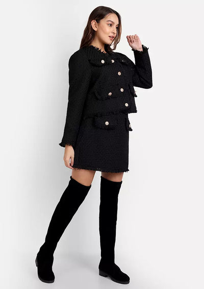 Black Tweed Short Jacket With Short  A-Line skirt
