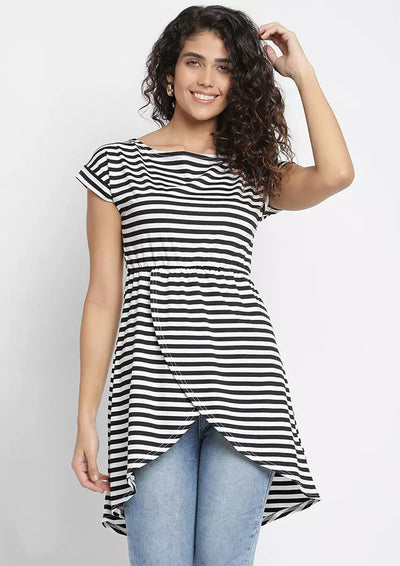 Black Striped Extended Sleeves Monochrome High-Low Longline Top