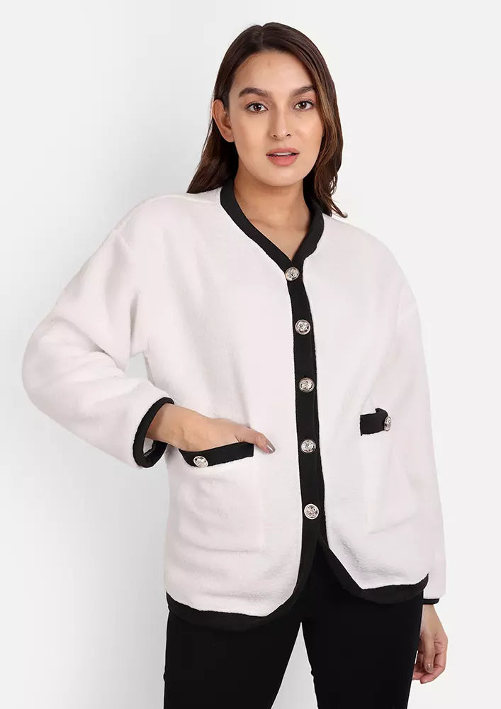 Black & White Color Block Front Button Up Soft Fleece Cardigan