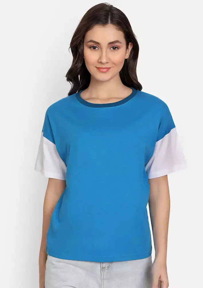 Blue Colourblock Short Sleeve T-Shirt IKI CHIC