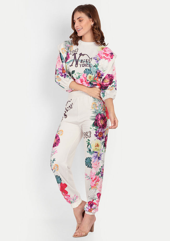 Floral Print Round Neck Crop Top And Joggers Set