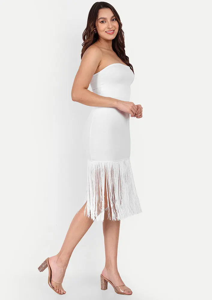 White Strapless Bodycon Mini Dress With Long Fringes IKI CHIC Private Ltd