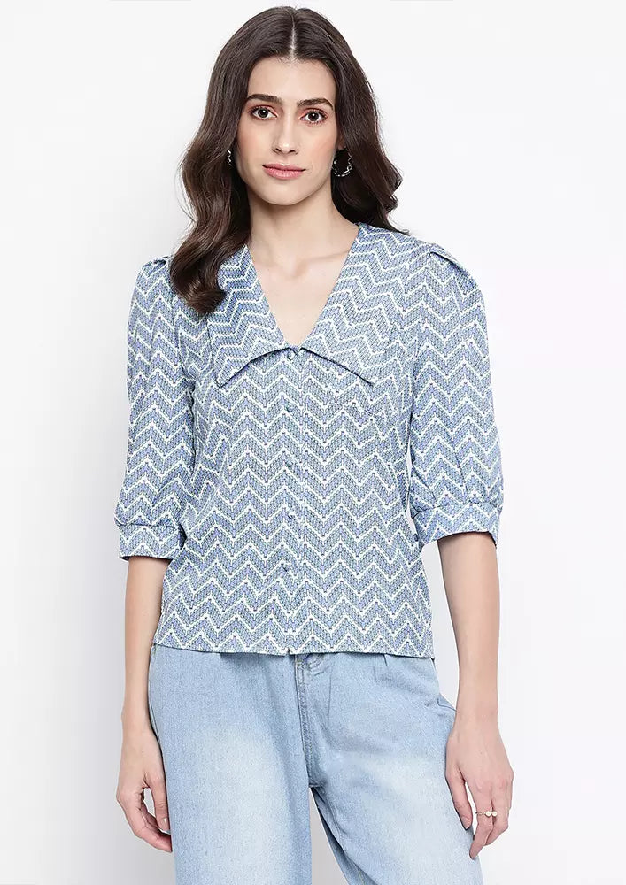 Oversized Collar With V-Neck Puff Sleeve Top