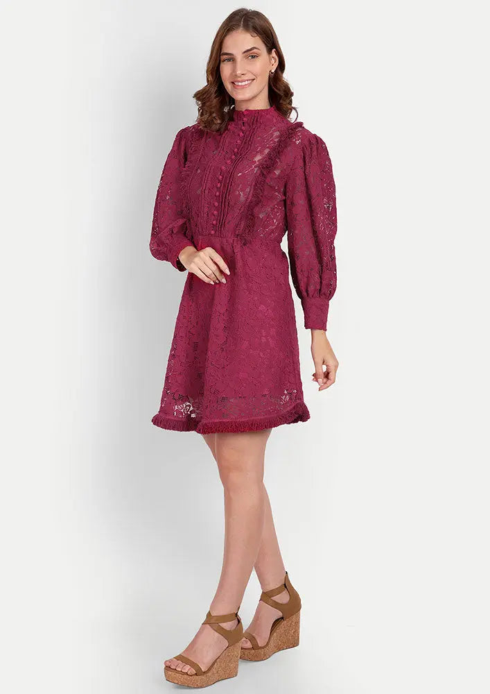 Viva Magenta Floral Lace Skater Dress With Fringe Detailing IKI CHIC Private Ltd