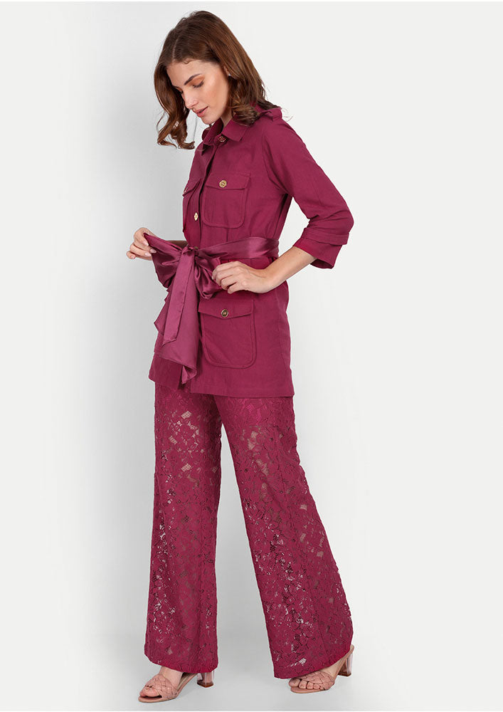 Viva Magenta Linen Shirt With Golden Button Detailing And High Waisted Lace Pants
