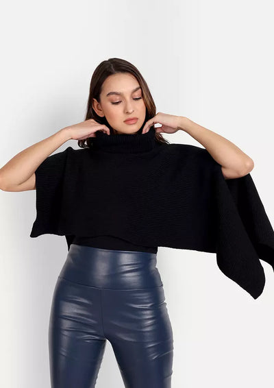 Black Knitted Turtle Neck Poncho With Asymmetric High Low Hem