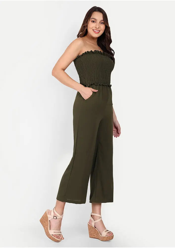 Army Green Off-Shoulder Wide Leg Jumpsuit IKI CHIC Private Ltd