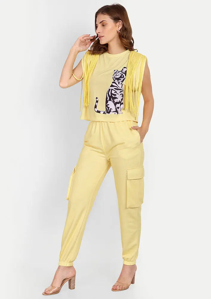 Yellow Cat Print Sleeveless Top With Cargo Joggers Set IKI CHIC Private Ltd