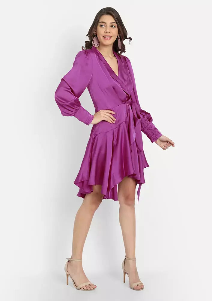 Satin Frill Detail Wrap Style Skater Dress IKI CHIC Private Ltd