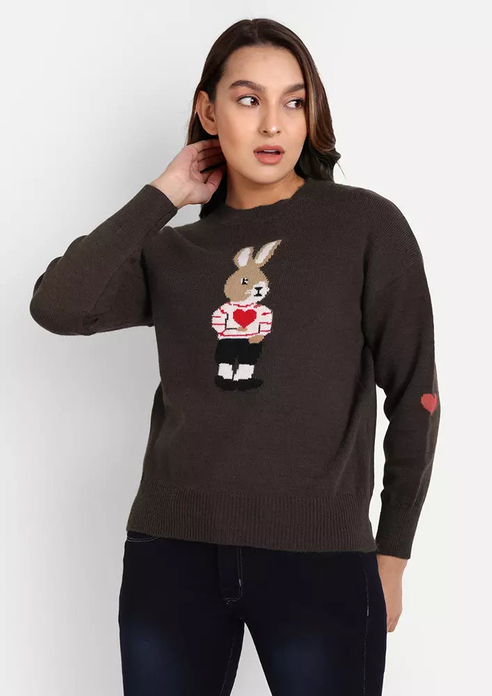 Brown Knitted Pullover With Rabbit Pattern
