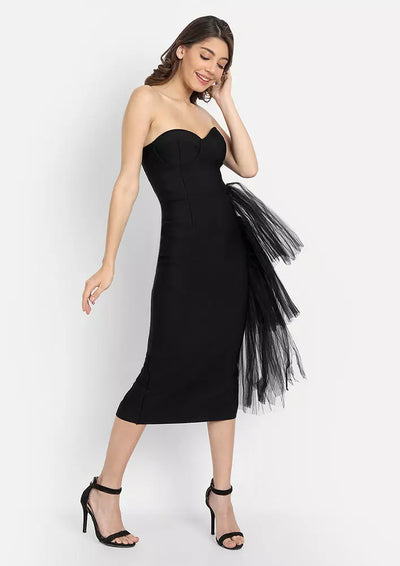 Black Bandeau Bodycon Midi Dress With Tulle Detailing