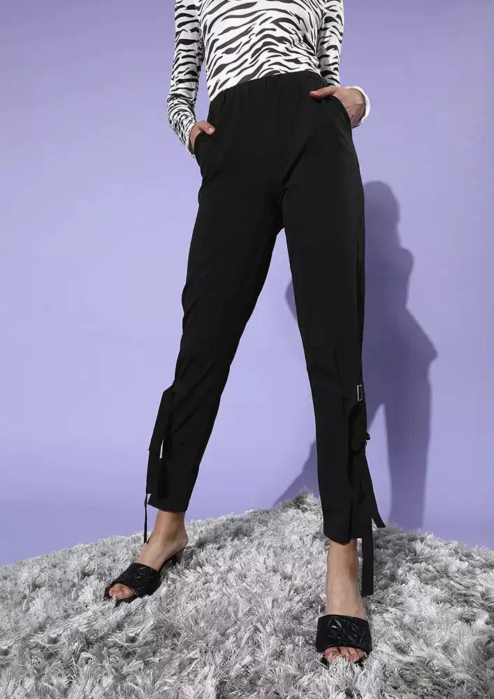 Black Buckled Ankle Cargo Trousers IKI CHIC Private Ltd