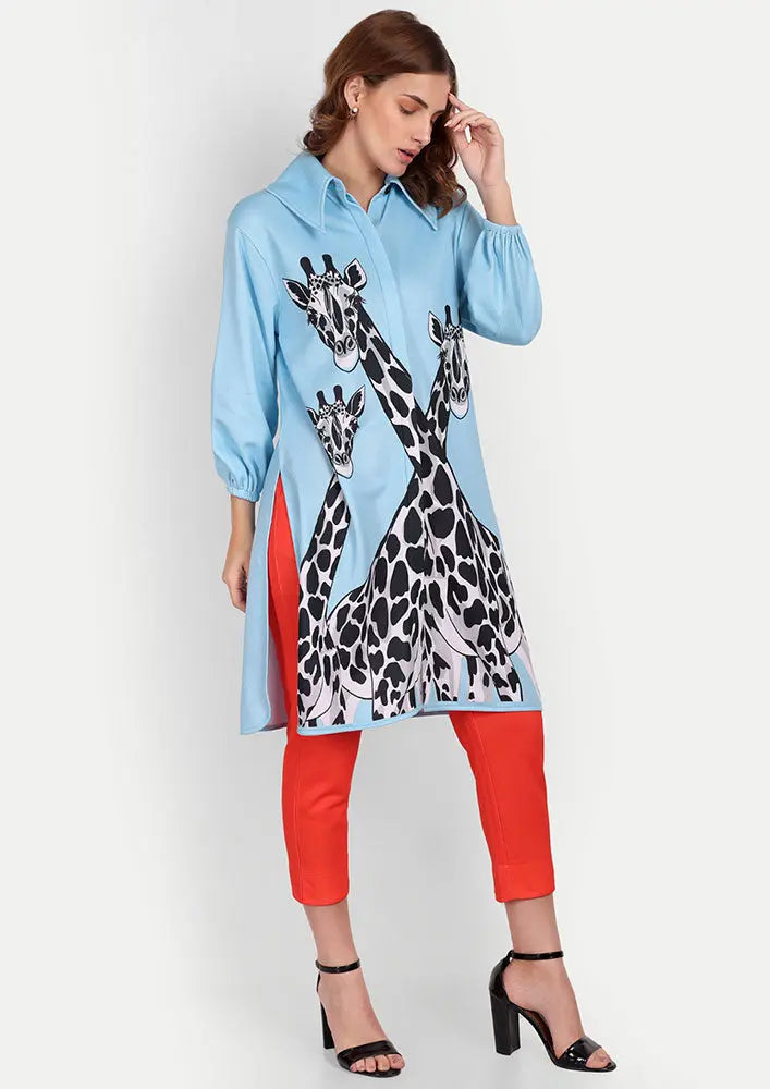 Giraffe Print Oversized Shirt With Orange Red Straight Pants Set IKI CHIC Private Ltd