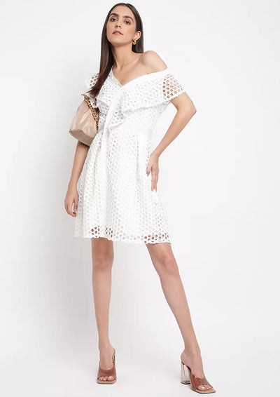 White Lace Drooping Shoulder A-line Dress