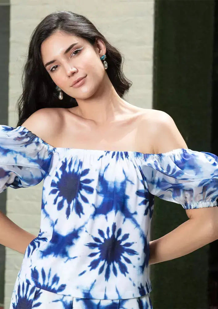 Splash Print Off Shoulder Puff Sleeves Top And Wide Leg Pants Set IKI CHIC Private Ltd