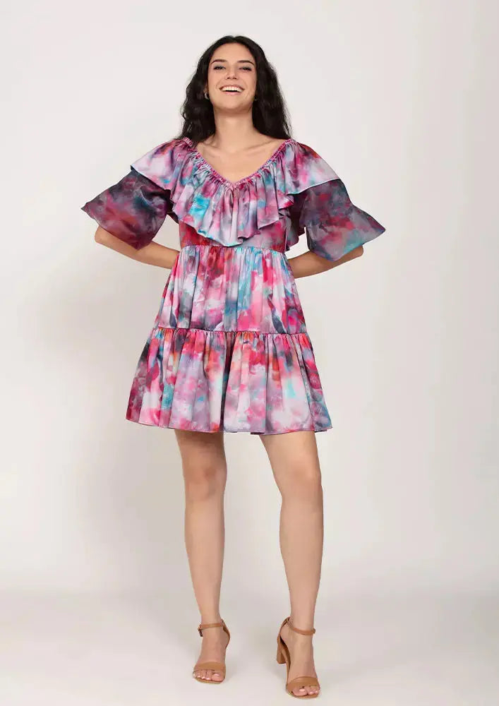Marble Tie-Dye Print Plunge Neck Ruffle Tiered Dress IKI CHIC Private Ltd