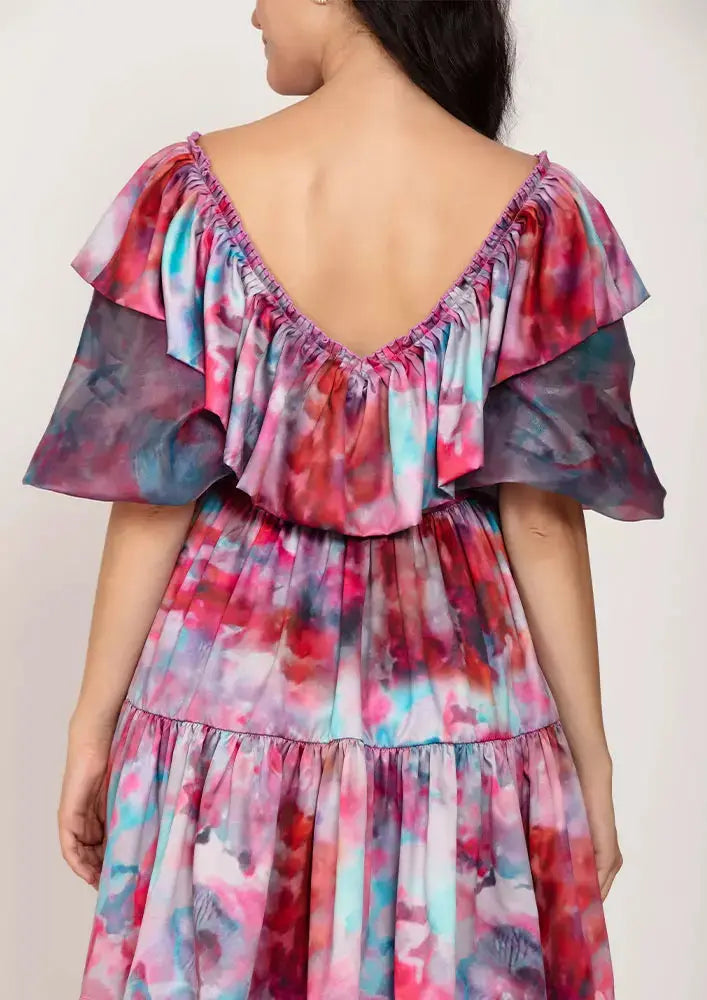 Marble Tie-Dye Print Plunge Neck Ruffle Tiered Dress IKI CHIC Private Ltd