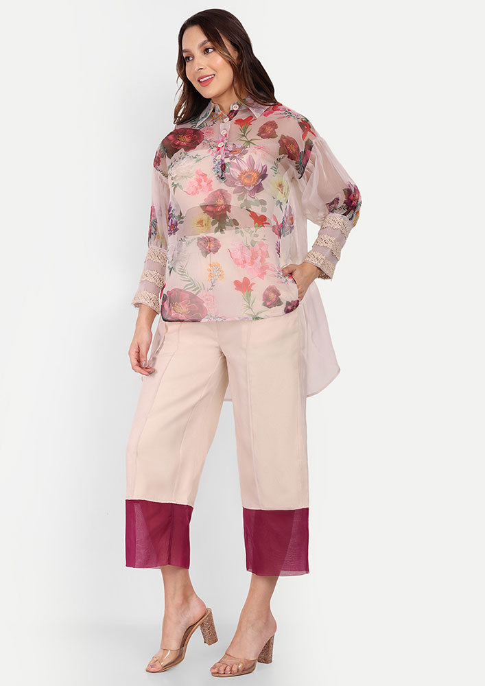 Organza Floral Print Oversize High-Low Top With Wide-Leg Pant Set
