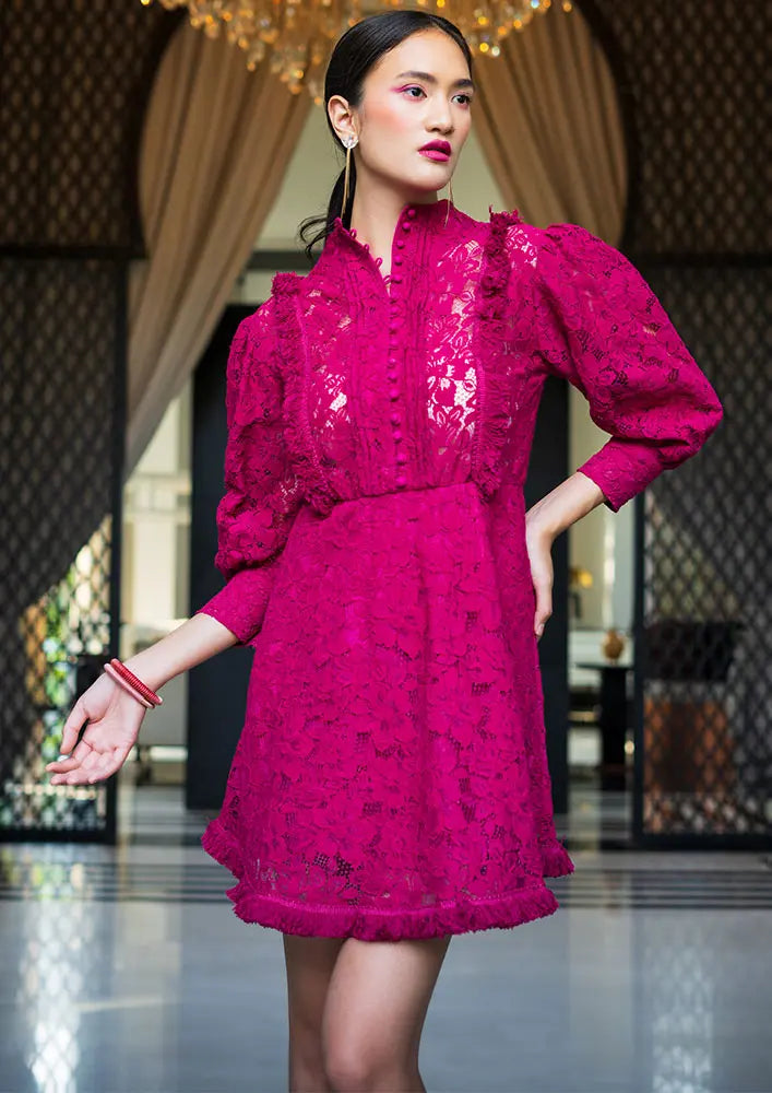Viva Magenta Floral Lace Skater Dress With Fringe Detailing IKI CHIC Private Ltd