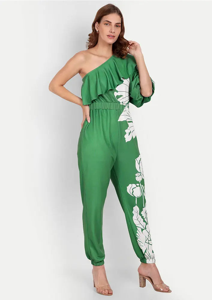 Green Floral Print One Shoulder Ruffle Design Jumpsuit IKI CHIC Private Ltd