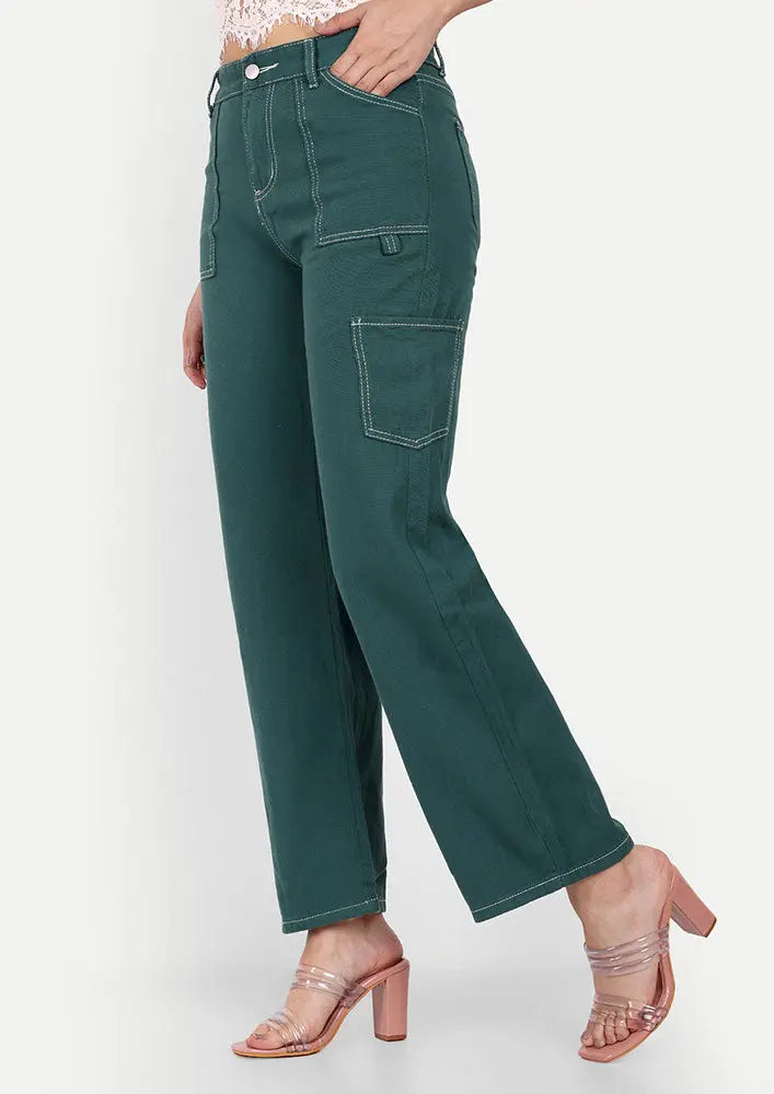 Green Wide-Leg Jeans With Contrast White Stitch Lines IKI CHIC Private Ltd