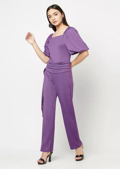 Puff Sleeves Wide Leg Waisted Jumpsuit
