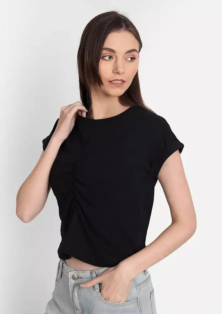 Black Front Gathered Short Sleeve Top IKI CHIC Private Ltd