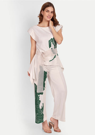Off-white Floral Print Asymmetric Top And Wide Leg Pants