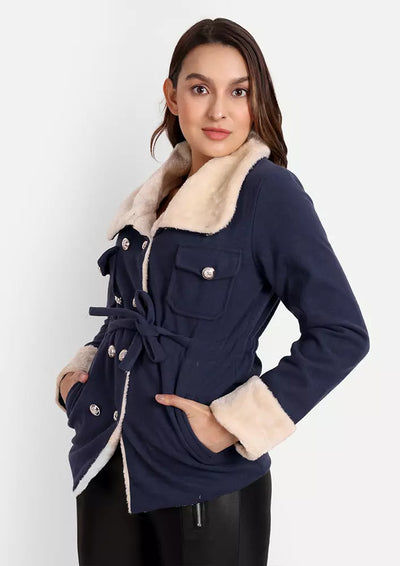 Short Navy Blue Double Breasted Jacket With Fur Lining