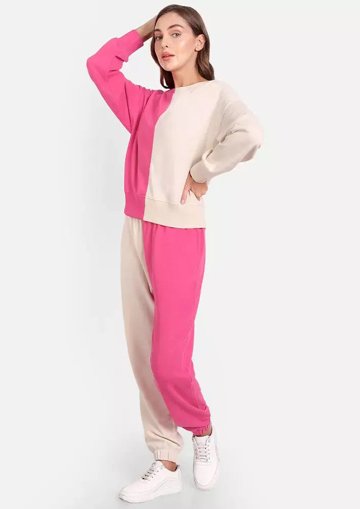 Hot Pink and Off White Colour Blocking Track Suit Set IKI CHIC