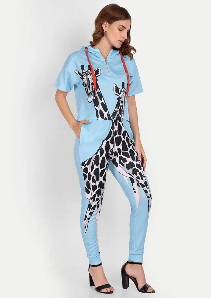 Blue Giraffe Print Zip-Up Hooded Crop Sweatshirt And Joggers Set IKI CHIC Private Ltd
