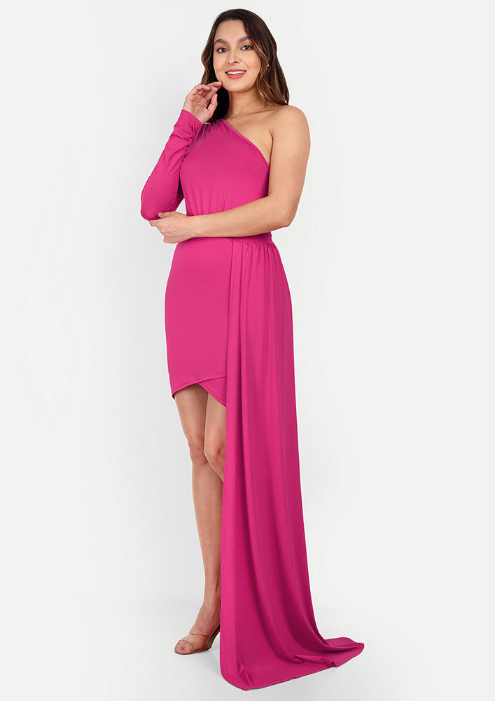 Pink One Shoulder Mini Bodycon Dress With A Long Drape