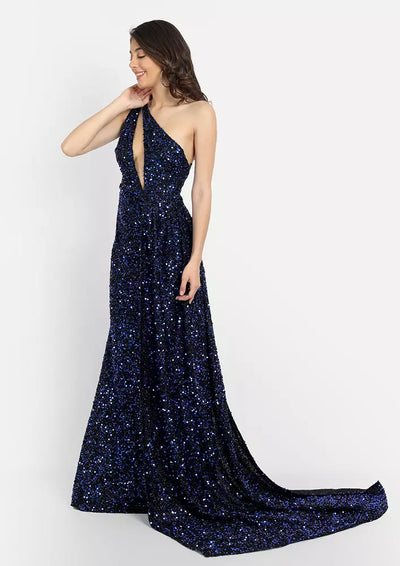 Navy Blue Sequin One Shoulder Long Split Gown