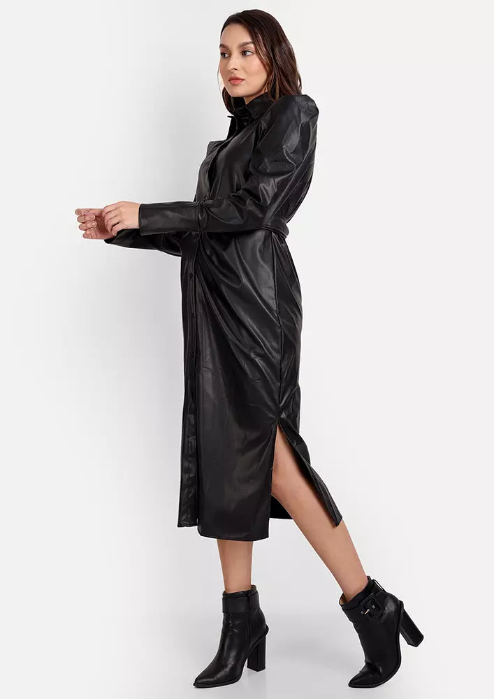 Black PU Leather Button Detail Long Sleeve Midi Dress